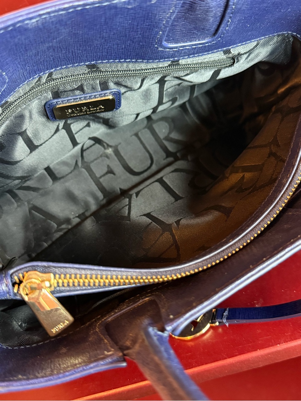 Furla Navy Saffiano Leather Tote with Gold Charm - Picture 7 of 12